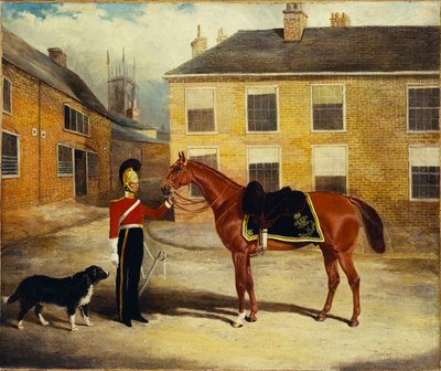 Een Officier van de Dragonders, Karabiniers met zijn Paard in de Kazerne, 1839 door John Frederick Herring Senior