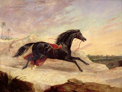 Arabieren achtervolgen een los Arabisch paard in een oosters landschap door John Frederick Herring Senior