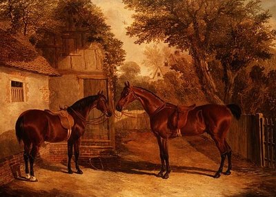 Bay Hunters buiten een boerderij door John Frederick Herring Senior