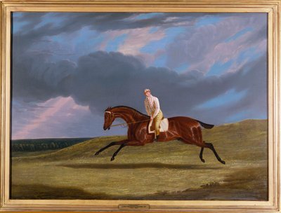 Corduroy, een bruin renpaard, met een jockey, galopperend op een renbaan door John Frederick Herring Senior