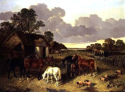 Paarden, varkens, pluimvee, eenden en vee in een boerenerf door John Frederick Herring Senior