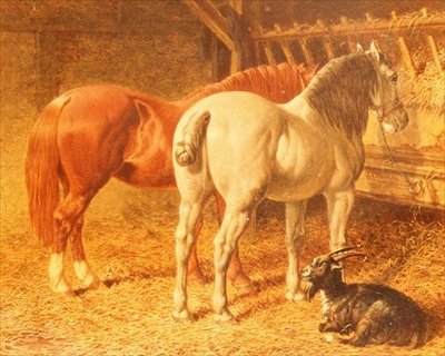 Paarden en een geit in een stal door John Frederick Herring Senior