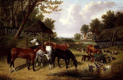 Paarden bij een boerenerf vijver door John Frederick Herring Senior