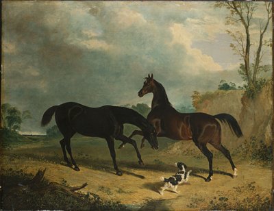 Jagers en een spaniël in een bosrijk landschap door John Frederick Herring Senior