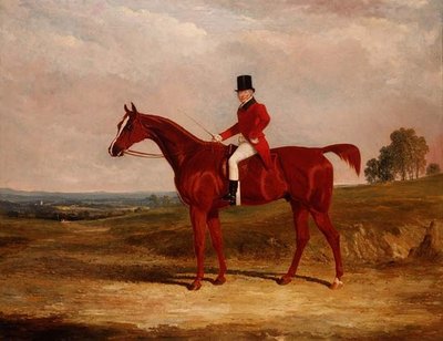 Sir Hugh Hamilton Mortimer, Meester van de Old Surrey Foxhounds, op een kastanjebruine jager in een uitgestrekt landschap door John Frederick Herring Senior