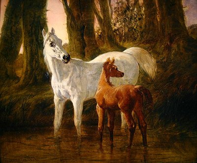 Dare en Veulen geschrokken tijdens het water geven in een stroom door John Frederick Herring Senior