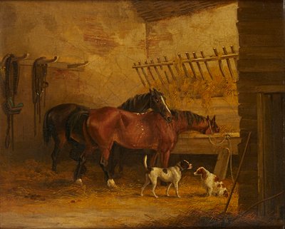 Paarden en Honden in een Stalinterieur door John Frederick Jr. (attr.to) Herring