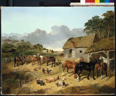 Paarden drinken uit een waterbak, met varkens en kippen op een boerenerf door John Frederick Herring Junior