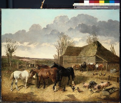 Paarden eten uit een voederbak, met varkens en kippen op een boerenerf door John Frederick Herring Junior