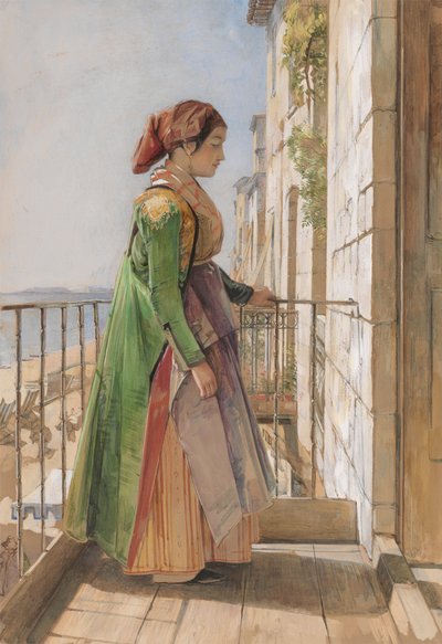 Een Grieks meisje op een balkon door John Frederick Lewis
