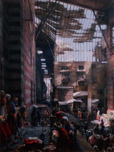 Een uitzicht op de straat en moskee van Ghooreyah, Caïro door John Frederick Lewis