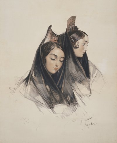 Meisjes van de Ronda, Andalusië, plaat 11 uit Schetsen van Spanje, gegraveerd door Charles Joseph Hullmandel (1789-1850) gepubliceerd 1836 door John Frederick Lewis