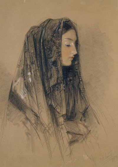 Hoofd van een Italiaans Meisje in een Mantilla, 1838 door John Frederick Lewis