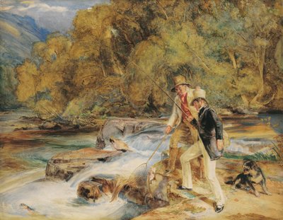 Sir Edwin Landseer, R.A. met een ghillie aan het vissen op zalm, mogelijk aan de rivier Dart, nabij Holne, Devon door John Frederick Lewis