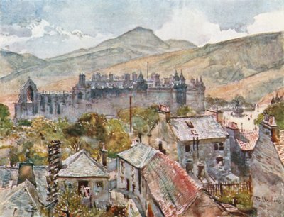 Holyrood Palace vanuit de Openbare Tuinen onder Calton Hill door John Fulleylove