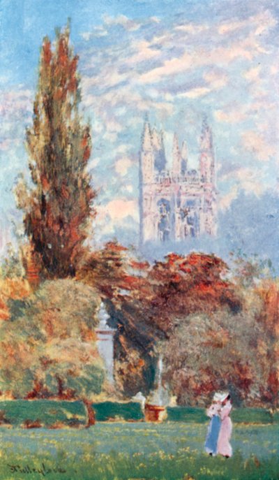 Magdalen Tower en botanische tuin (kleurenlitho) door John Fulleylove