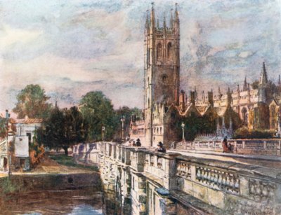 Magdalen Tower en brug (kleurenlitho) door John Fulleylove