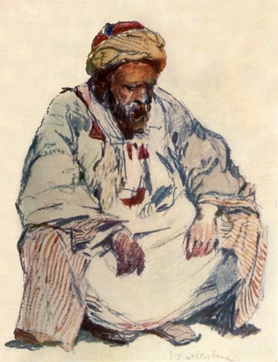 Zittende figuur van Syrische herder in schapenvachtjas, 1902 door John Fulleylove