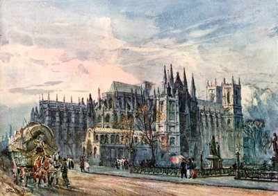 Gezicht op de abdij en de Sint-Margaretakerk vanuit Whitehall (kleurenlitho) door John Fulleylove