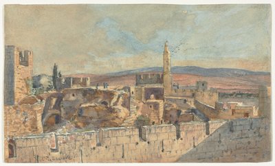 Uitzicht op de oude stad van Jeruzalem, 2e helft 1800s. door John Fullylove