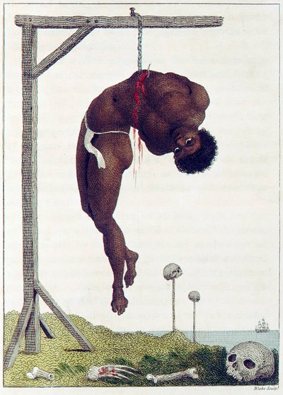 Een zwarte persoon levend opgehangen aan de ribben aan een galg, gepubliceerd 1796 door John Gabriel Stedman
