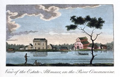 Uitzicht op het landgoed Alkmaar, aan de rivier Commewine, 1813 door John Gabriel Stedman