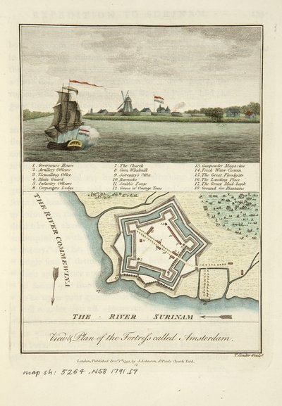 Uitzichten & plan van het fort genaamd Amsterdam door John Gabriel Stedman