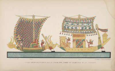 Boten met gekleurde zeilen, uit het graf van Remeses III in Thebe, illustratie uit "Manners and Customs of the ancient Egyptians...", 1837-41 door John Gardner Wilkinson