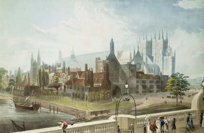 Westminster Hall en Abbey, gegraveerd door Daniel Havell (1785-1826) gepubliceerd door Rudolph Ackermann (1764-1834) 1819 door John Gendall