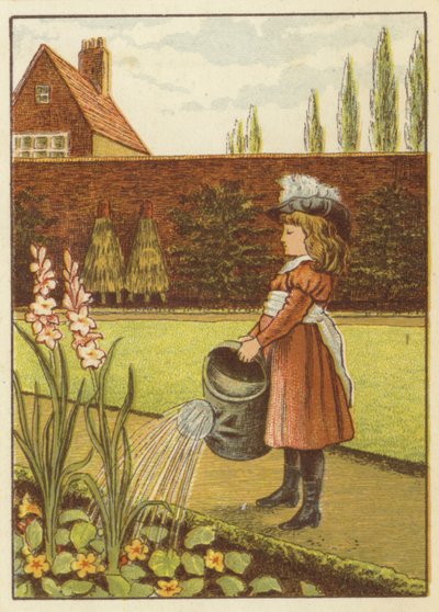 Meisje dat de tuin water geeft door John George (after) Sowerby
