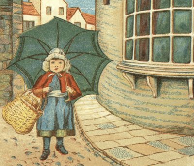 Klein meisje aan het winkelen met haar mand door John George (after) Sowerby