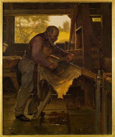 Een hertenhuid voorbereiden, 1904 door John George Brown