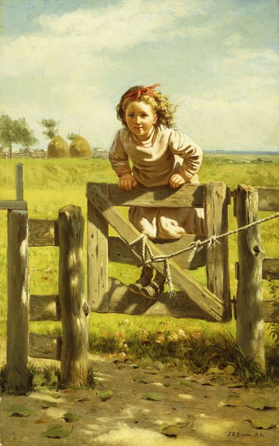 Jong meisje schommelend op een hek door John George Brown