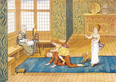Speeltijd - spel tijd, drie kinderen spelen, de jongste rijdt op de rug van haar broer, de jongste rijdt op de rug van haar broer, vastgemaakt aan rendieren vastgehouden door haar zus, in een woonkamer, bij hun grootmoeder die wol spint - Uittreksel uit Mi door John George & Emmerson Henry Hetherington (1831 1895) Sowerby