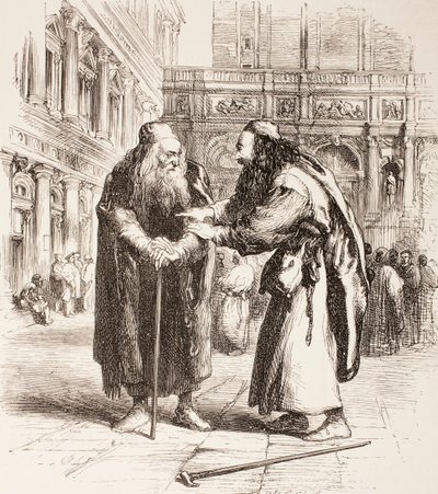 Illustratie voor De Koopman van Venetië, Shylock en Tubal ontmoeten elkaar op straat, Act III, Scene I, uit 