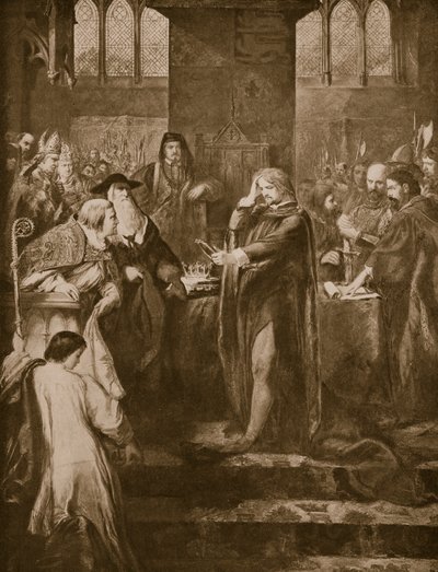 Koning Richard II doet afstand van de kroon aan zijn neef Bolingbroke, illustratie uit 
