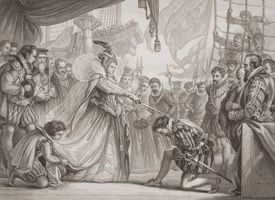 Koningin Elizabeth I (1530-1603) die Francis Drake (1540-96) tot ridder slaat, uit 