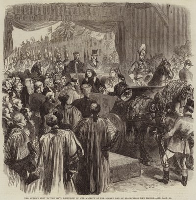 Het bezoek van de koningin aan de stad, ontvangst van Hare Majesteit aan het Surrey-einde van de nieuwe Blackfriars-brug door John Gilbert