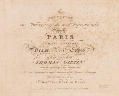 Een selectie van twintig van de meest pittoreske uitzichten in Parijs en omgeving: Titelpagina, 1803 door John Girtin