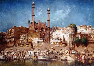 Een uitzicht op de ghats met de moskee van Aurangzeb, Benares door John Gleich