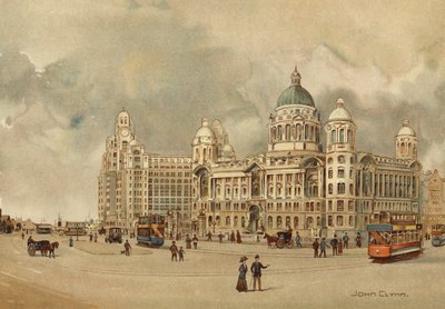 Liverpool: Kantoren van de Mersey Docks en Harbour Board, Het Liver Building, enz., Toegang tot de Landing Stage door John Glynn