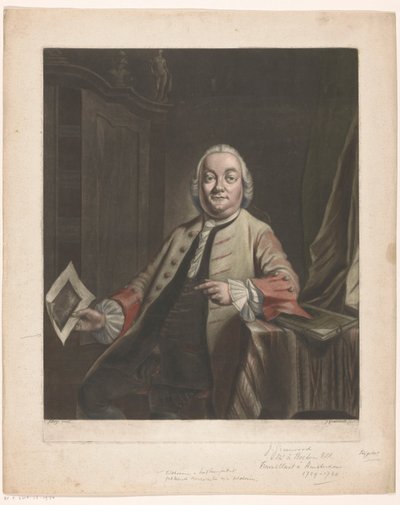 Portret van Simon Fokke met in zijn hand de prent van de plundering van het huis van Gerrit Hagedooren, 1751 door John Greenwood