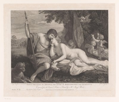 Venus vertelt Adonis het verhaal van Hippomenes en Atalanta door John Hall