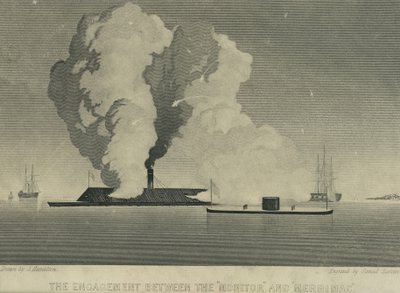 Het gevecht tussen de Monitor en Merrimac, ca. 1863 door John Hamilton