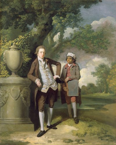 Een jonge man met zijn Indiase dienaar die een portfolio vasthoudt door John Hamilton Mortimer