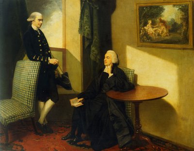 Dubbelportret van de Eerwaarde John Cocks en James Cocks, beiden klein op volledige lengte, de eerste in geestelijke kleding zittend op een blauw-wit gestoffeerde stoel, de laatste in een blauwe jas en vest leunend tegen een soortgelijke stoel, in een inte door John Hamilton Mortimer