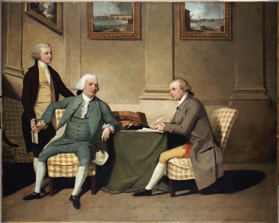 Groepsportret van Sergeant-At-Arms Bonfoy, zijn zoon en John Clementson, Sr. door John Hamilton Mortimer