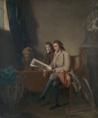 Portret van een man en een jongen die naar prenten kijken door John Hamilton Mortimer