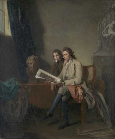 Portret van een man en een jongen die naar prenten kijken, ca. 1765-70 door John Hamilton Mortimer