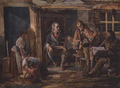 Groep inclusief een soldaat buiten een huisdeur door John Harden